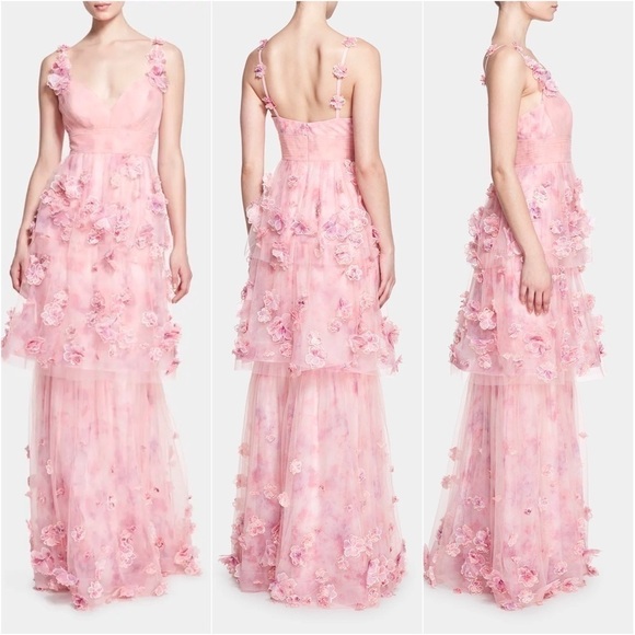 Marchesa Dresses & Skirts - MARCHESA NOTTE Pleated Tiered Tulle Gown with 3D Flowers Blush Pink